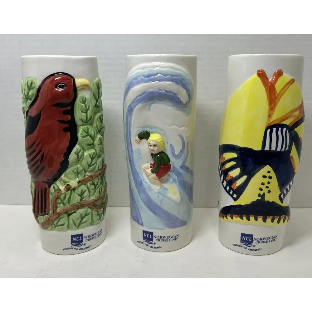Vtg NCL Norwegian Cruise Line Tiki Mug 3pc Set-Surfer, Red Bird, Fish-Ceramic